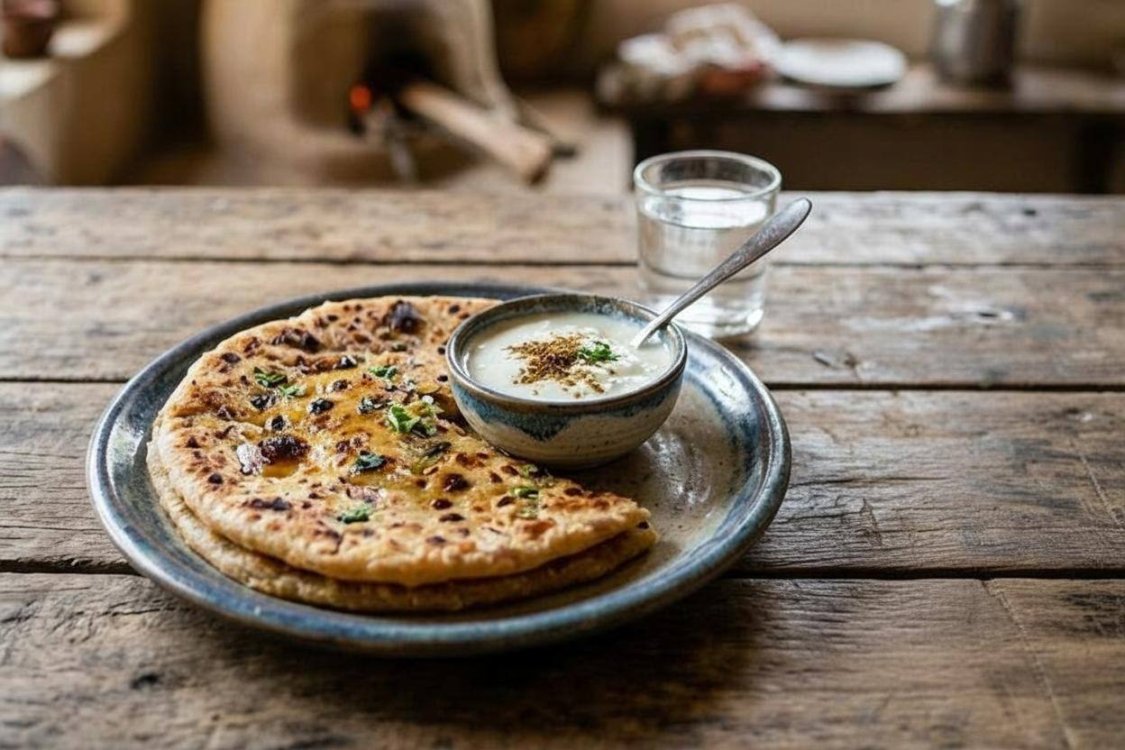 Aloo Pyaaj Paratha With Curd