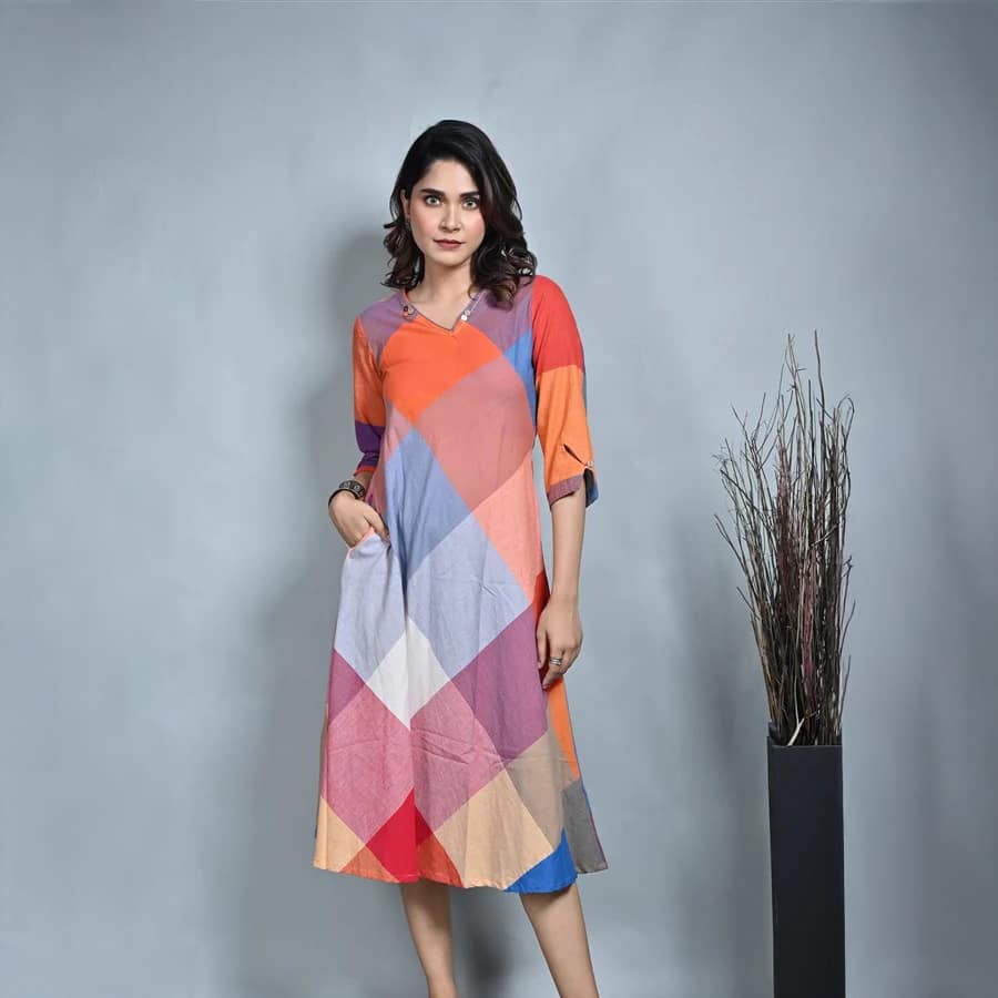 Orange-Red Handwoven Checks Bias Dress With Kantha Hand Embroidery Detailing On Neck