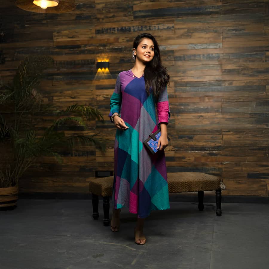 Pink-Green Handwoven Checks Bias Dress With Kantha Hand Embroidery Detailing On Neck