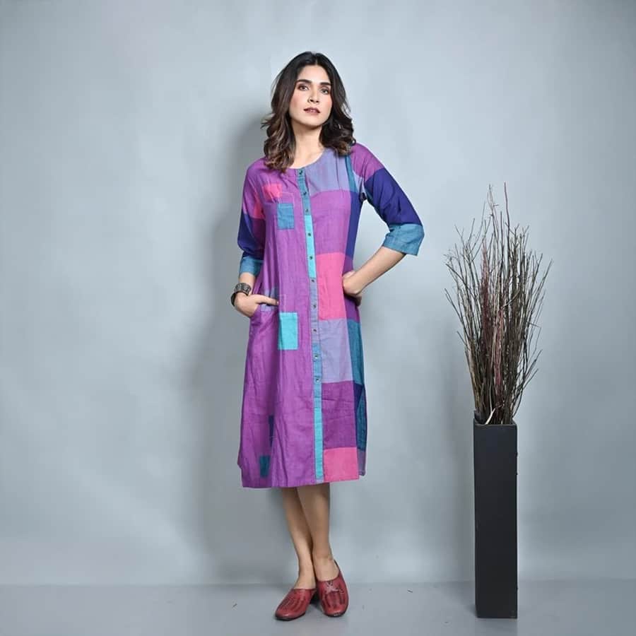 Purple-Pink Handwoven Half Half Front Open Kurta With Kantha Hand Embroidery Detailing