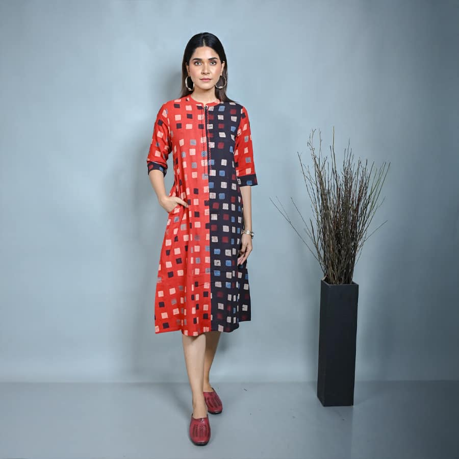 Red-Black Ajrakh Block Printed A Line Dress With Zipper