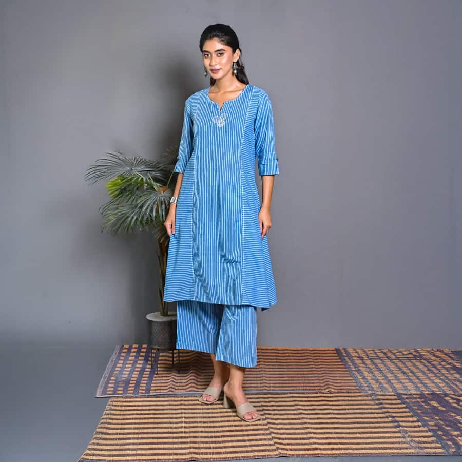 Blue Stripe Coord Set With Kantha Embroidery Detailing On Neck