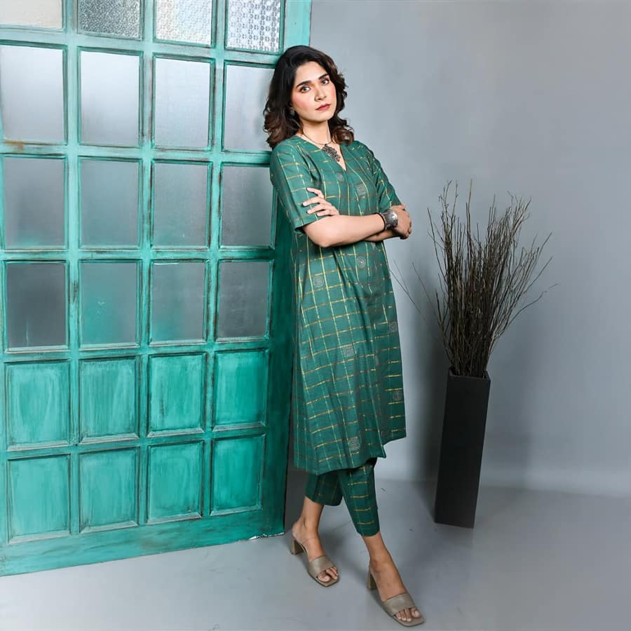 Green Zari Co-ord Set With Kantha Embroidery Detailing
