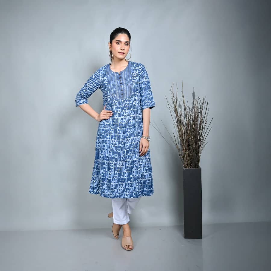 Indigo Block Printed Kurta With Kantha Hand Embroidery On Yoke