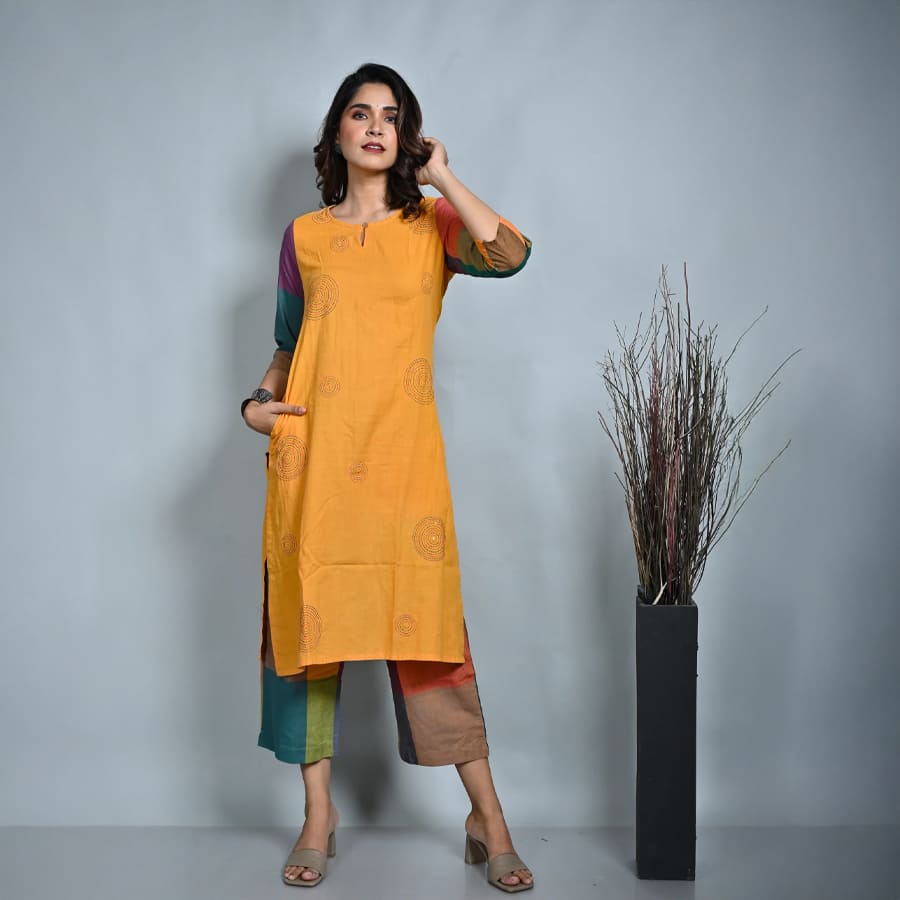 Mustard Hand Woven Straight Cut Kurta With Kantha all over Hand Embroidery