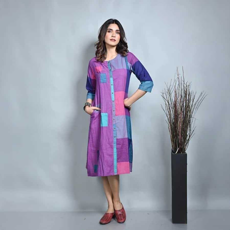 Purple-Pink Handwoven Half Half Front Open Kurta With Kantha Hand Embroidery Detailing