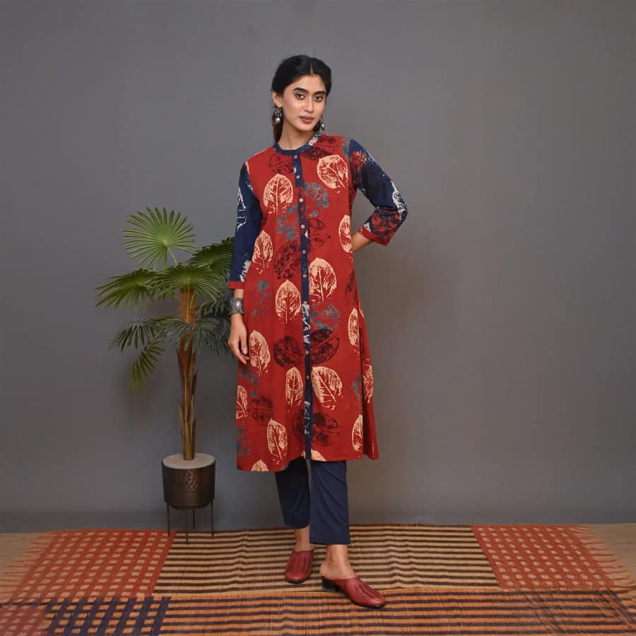 Red Ajrakh Block Printed Front Open Kurta