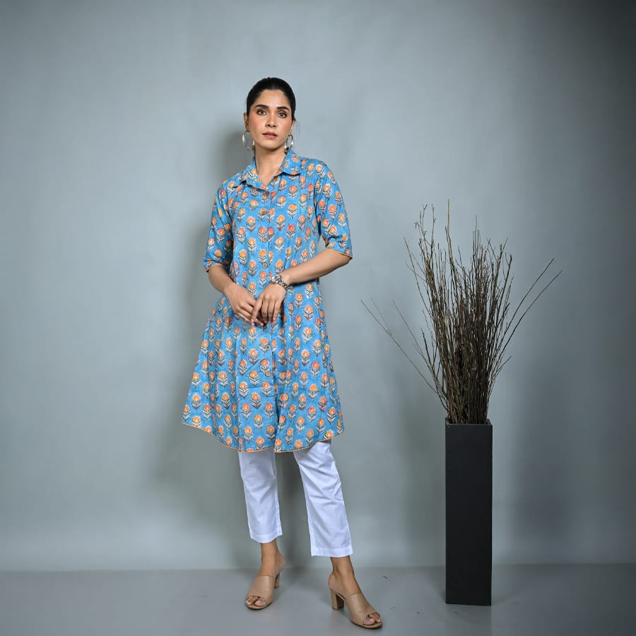 Turq Block Printed Front Open Dress