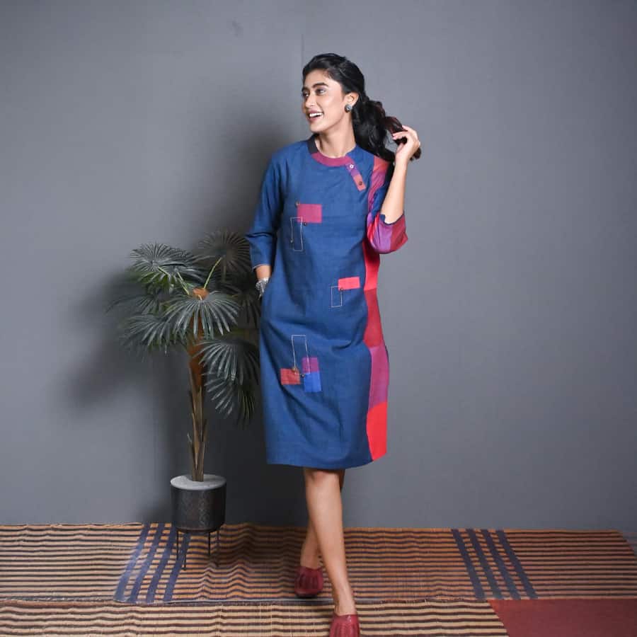 Blue-Red Checks Hand Woven Side Panel Dress With Patch Work & Kantha Hand Embroidery Detailing