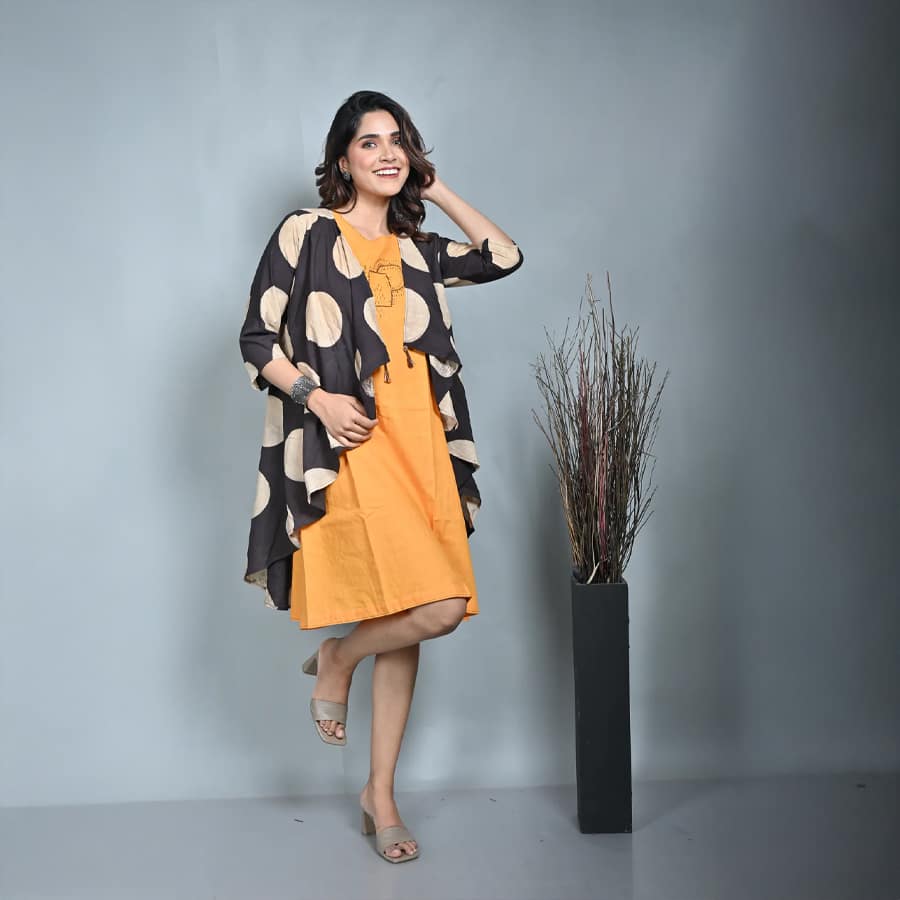 Mustard Ajrakh Block Printed A Line Jacket Style Dress With Kantha Hand Embroidery Detailing