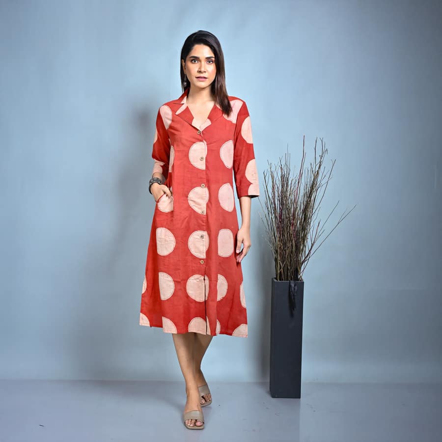 Red Ajrakh Block Printed A Line Dress With Lapel Collar And Kantha Hand Embroidery