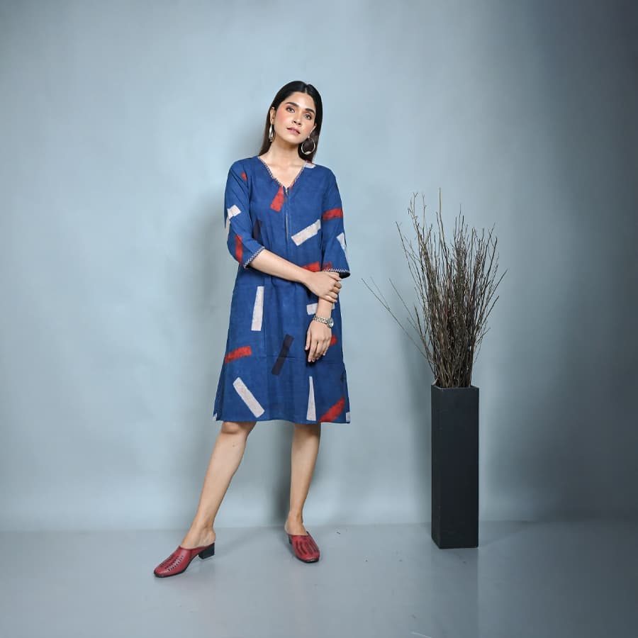 Indigo Ajrakh A Line Zipper Dress With Kantha Hand Embroidery On Neck And Sleeves