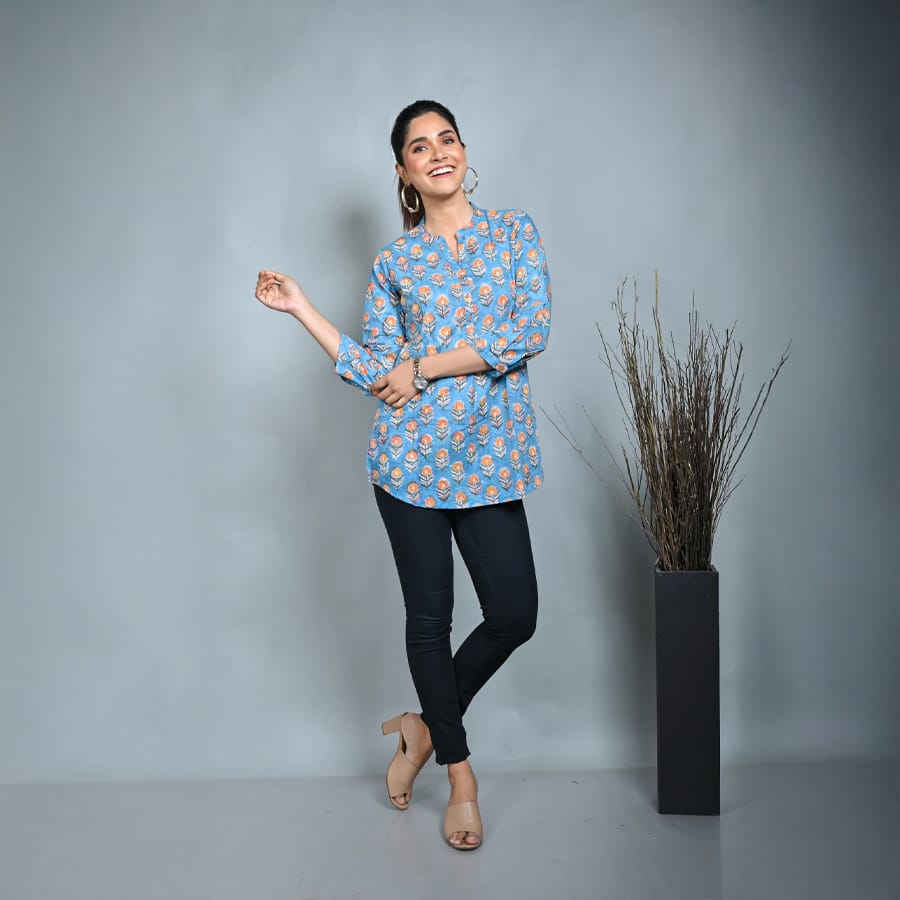 Turquiose Block Printed Top