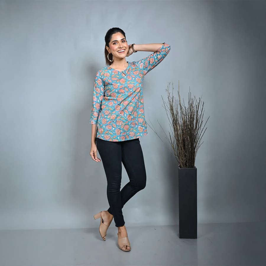 Turquoise Block Printed Top With Keyhole Neck