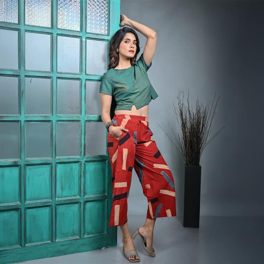 Green Handwoven Crop Top With Hand Embroidery Detailing