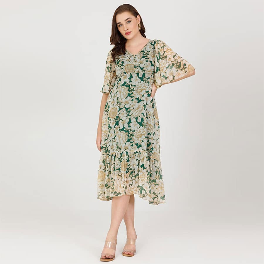 Green Printed Chiffon V-Neck Casual Dress