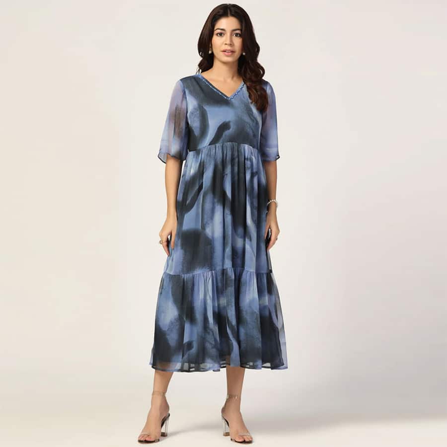 Blue & Black Chiffon Dress with V Neck and Half Sleeves