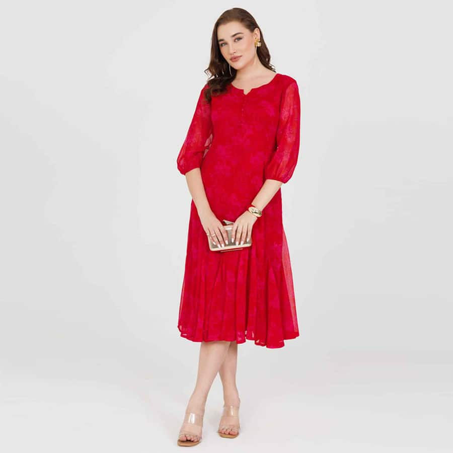 Printed Red Chiffon Dress with Round Neck & 3/4th Sleeves