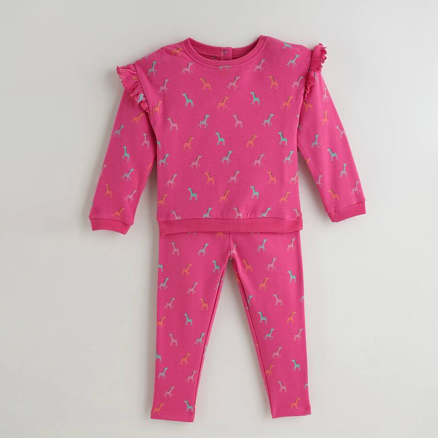 One Friday Infant Pink Regular Fit Full Sleeve Printed Sweatshirt with Pants
