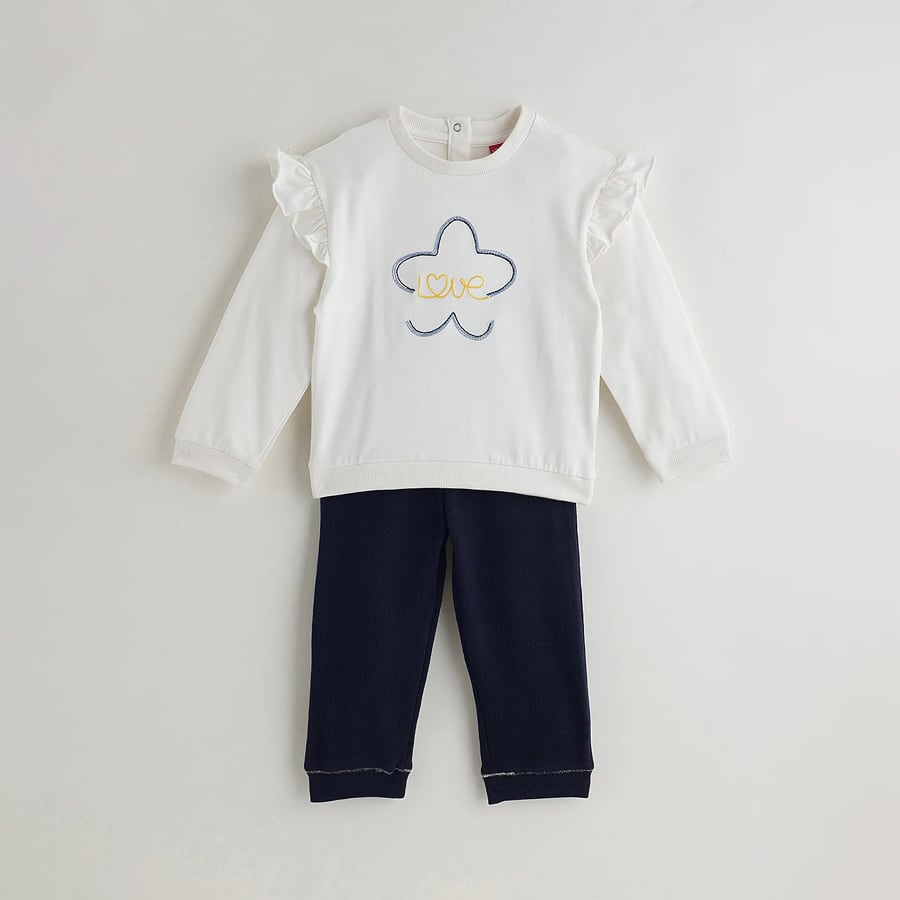 One Friday Infant White Regular Fit Full Sleeve Solid Sweatshirt with Pants