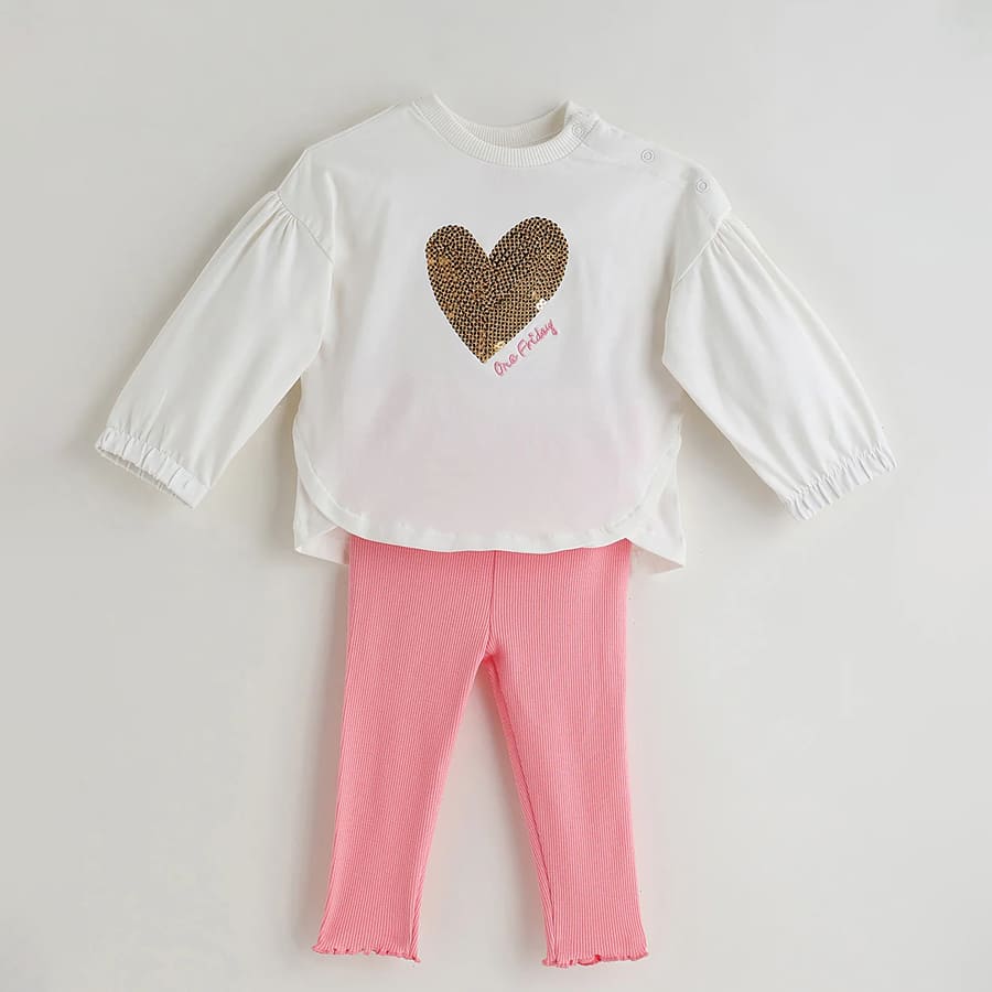 One Friday Infant Pink Regular Fit Full Sleeve Solid Top with Leggings