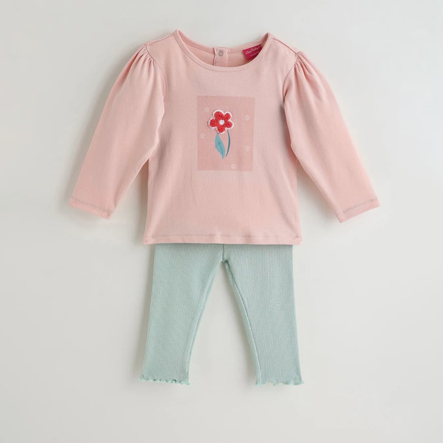 One Friday Infant Peach Regular Fit Full Sleeve Solid Top with Leggings