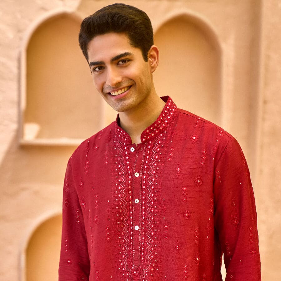 Crimson Red Kurta with Mirror & Thread Embroidery