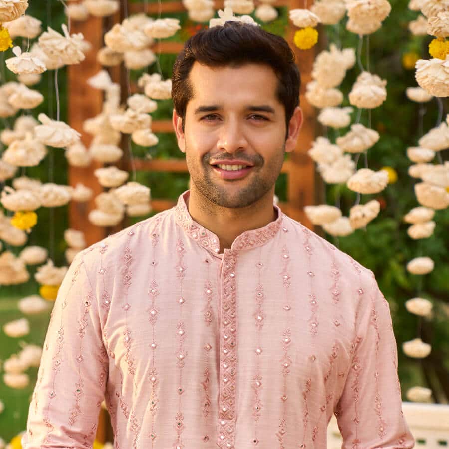 Soft Pink Kurta with Threadwork & Mirror Embroidery