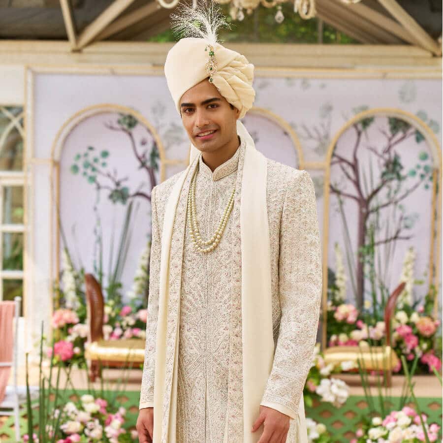 White Embroidered Sherwani Paired with Dupatta