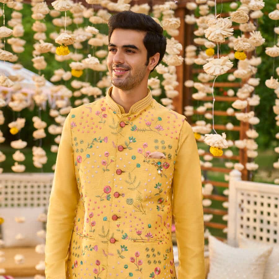 Yellow Kurta Bundi Set with Embroidery