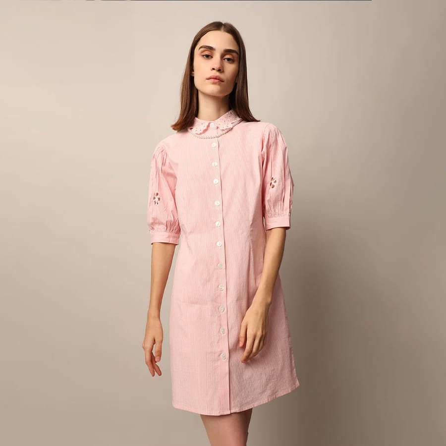 Pink Embroidered Striped Dress