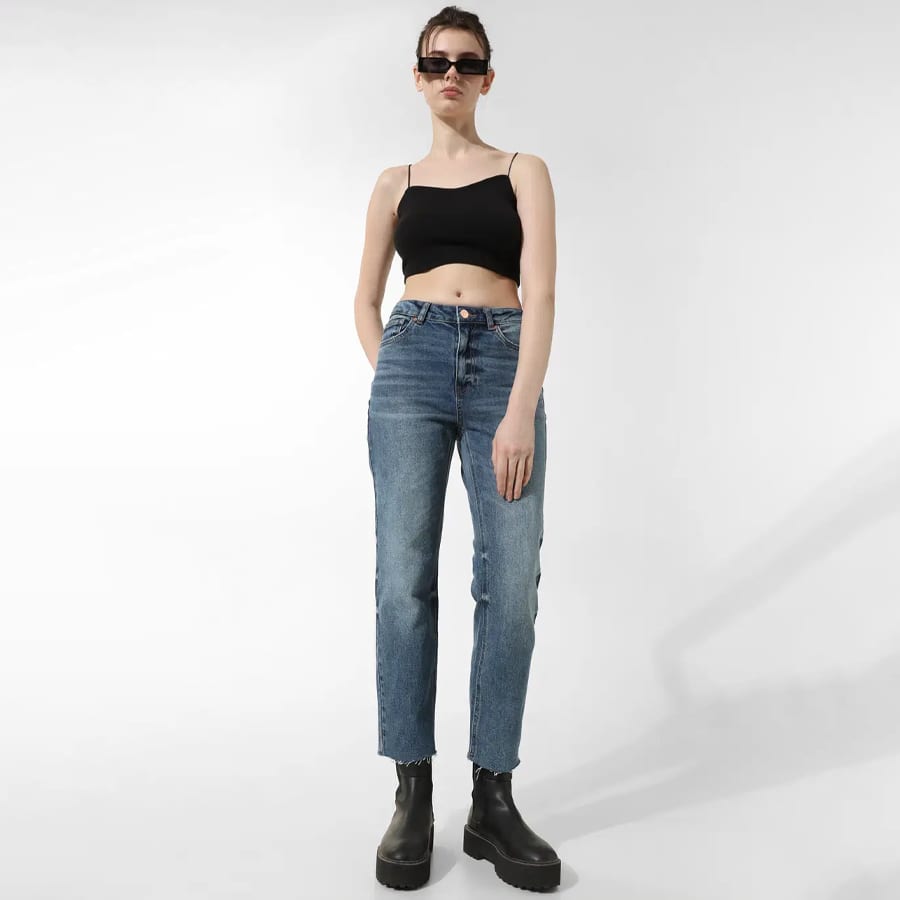Blue High Rise Washed Mom Jeans