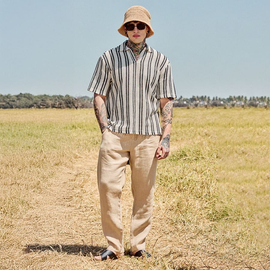 Beige Linen Blend Regular Fit Trousers