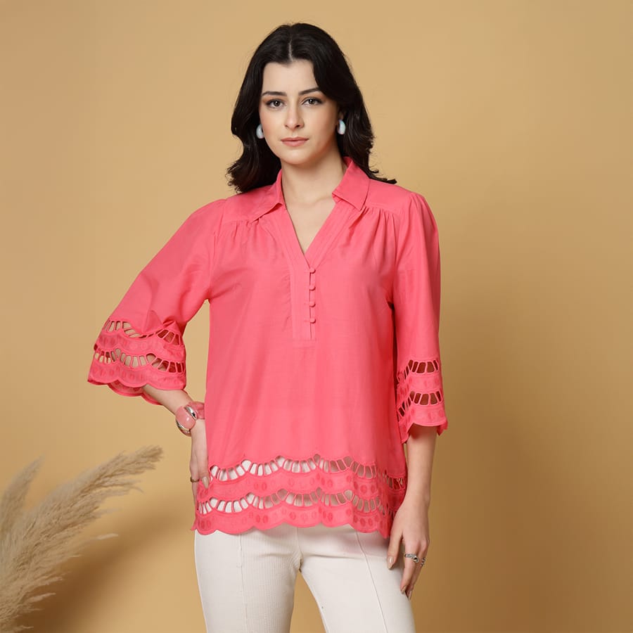 Gipsy Fuchsia Shirt Collar Cotton Schiffli Tunic