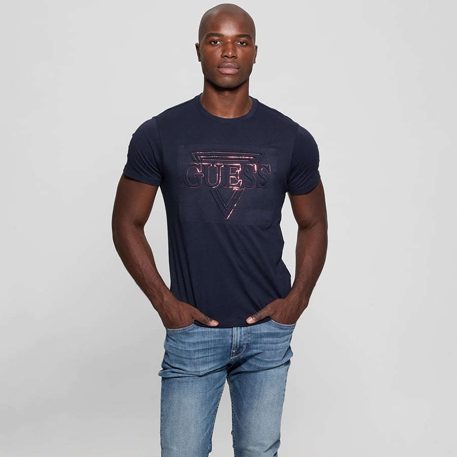 Guess Men's Blue Tee With Embossed Logo