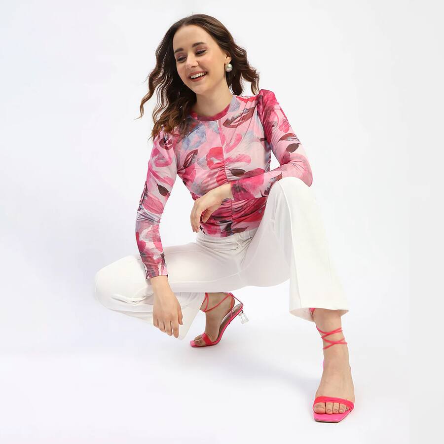 Madame Ruched Floral Print Pink Top