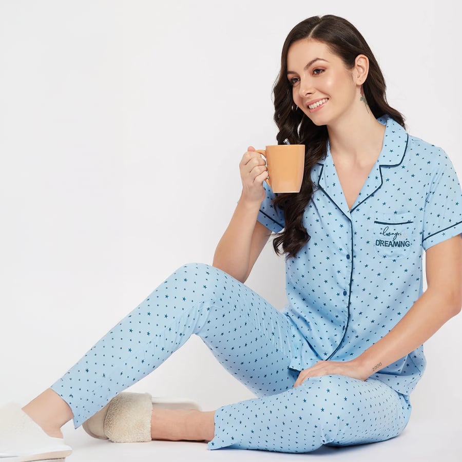 mSECRET Lapel Collar Star Printed Cotton Nightsuit