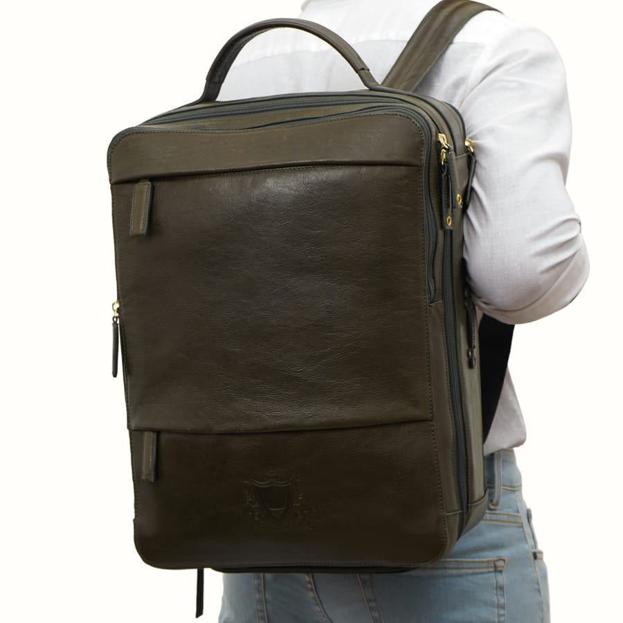 Men's Leather Backpack - Olive