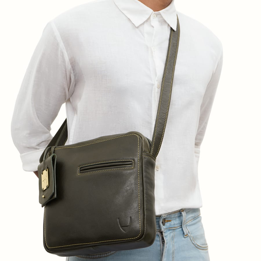 Leather Crossbody Bag For Men - Olive