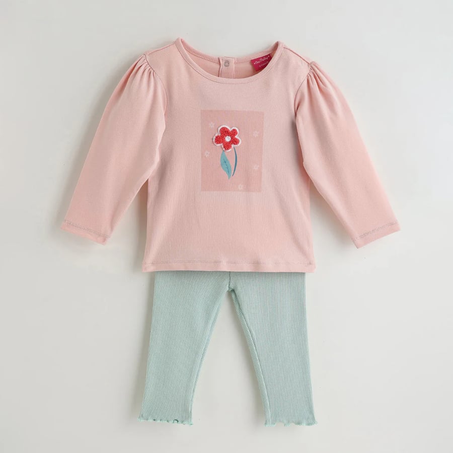 One Friday Infant Peach Regular Fit Full Sleeve Solid Top with Leggings