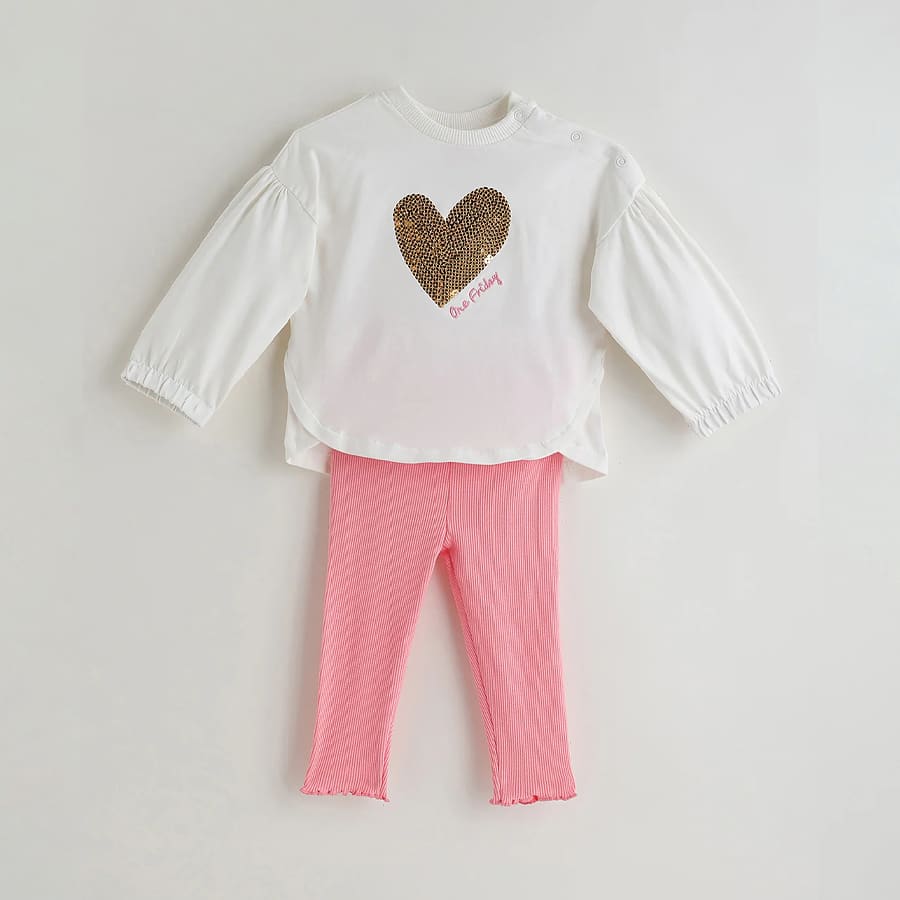 One Friday Infant Pink Regular Fit Full Sleeve Solid Top with Leggings