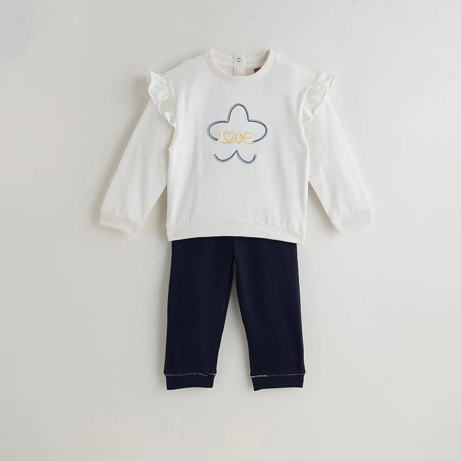 One Friday Infant White Regular Fit Full Sleeve Solid Sweatshirt with Pants