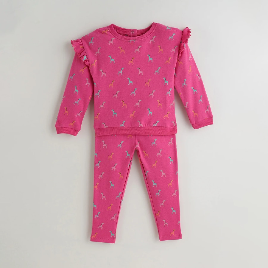 One Friday Infant Pink Regular Fit Full Sleeve Printed Sweatshirt with Pants