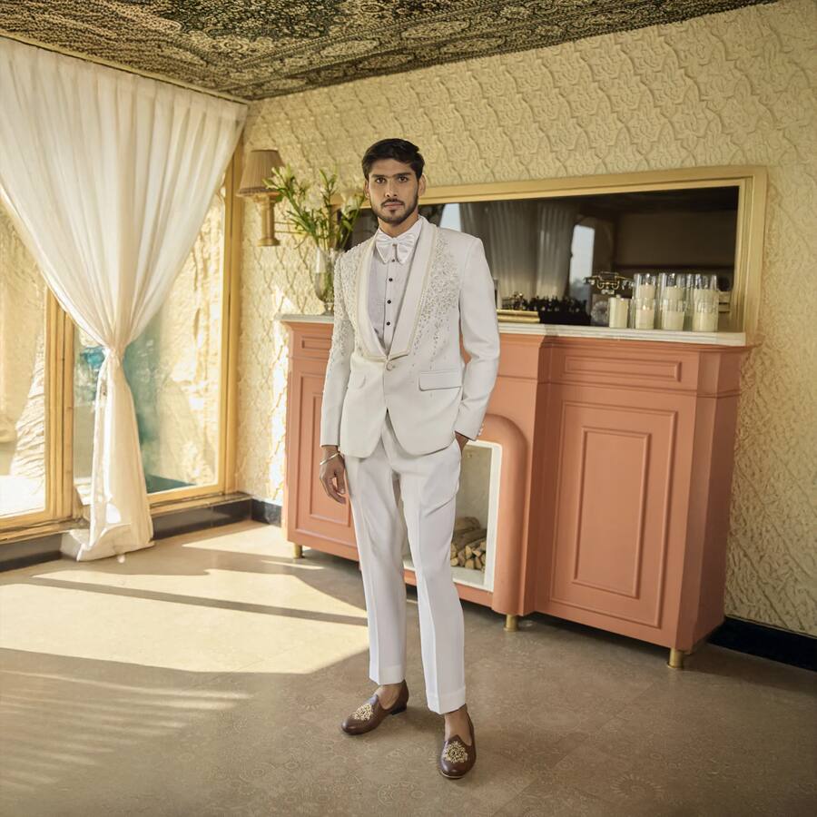 Ivory Japanese Tuxedo with Handcrafted Embroidery & Cut Dana Detailing