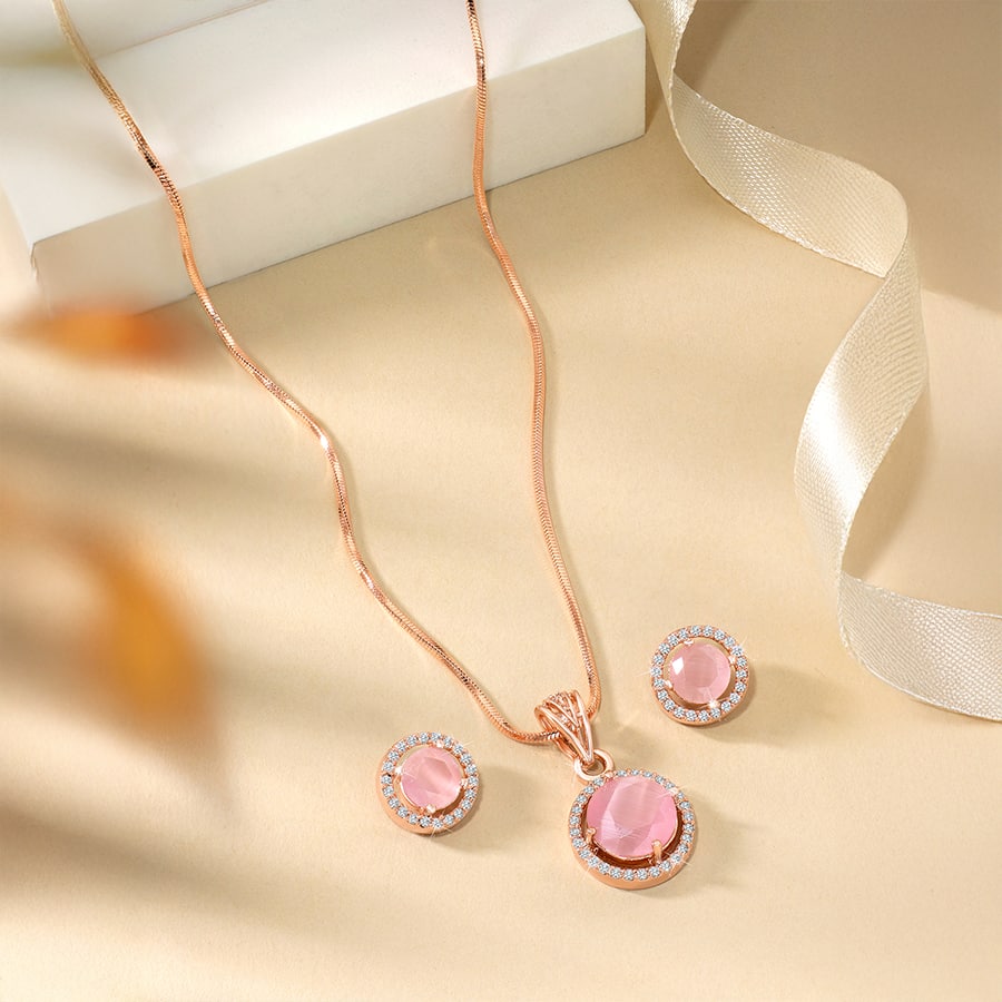 Peora Rose Gold Plated Pink Crystal & CZ Pendant Chain & Stud Earrings