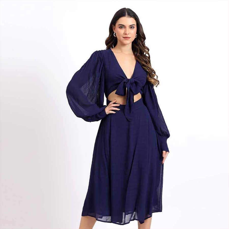 Saint Women Front Knot Blue Midi Dress
