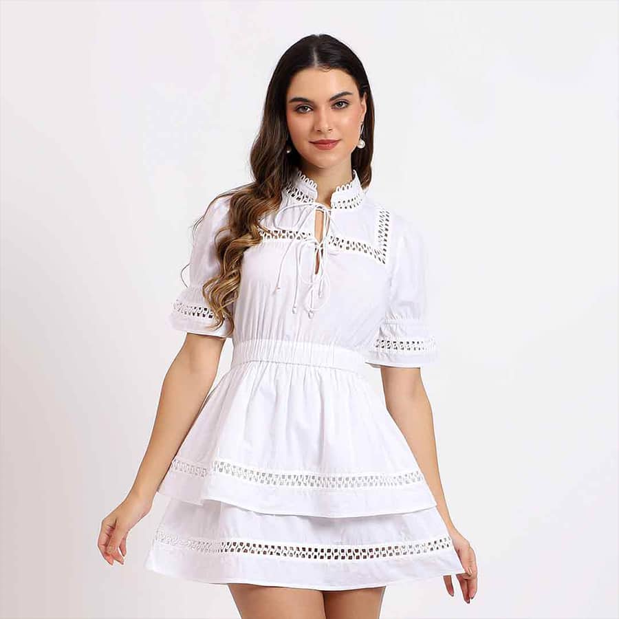 Saint Women White Solid Cotton Short Dress