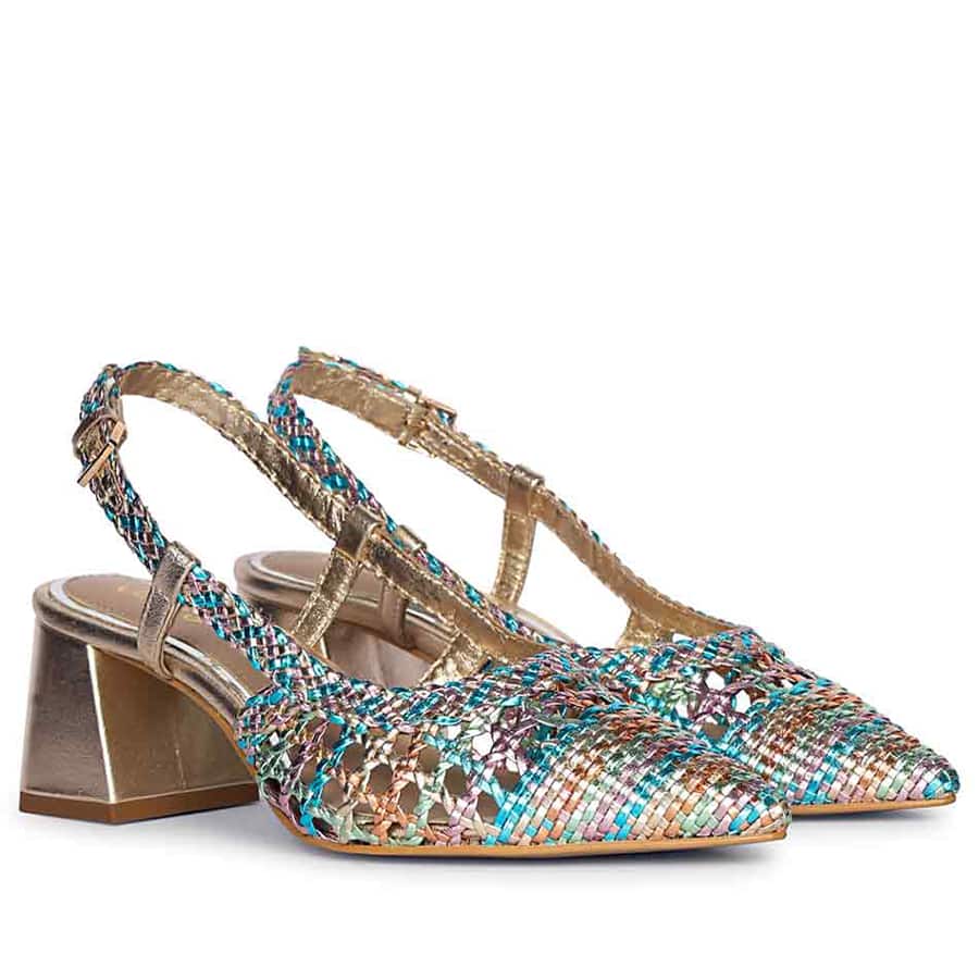 Saint Anya Turquoise Multi Hand Woven Leather Block Heels