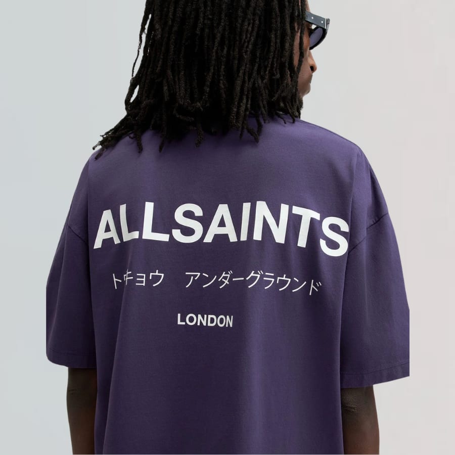 All Saints Underground Cotton Oversized T-Shirt with Signature Logo Print (Purple)
