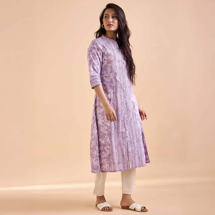 Lilac Pure Cotton Printed Kurti With Lace
